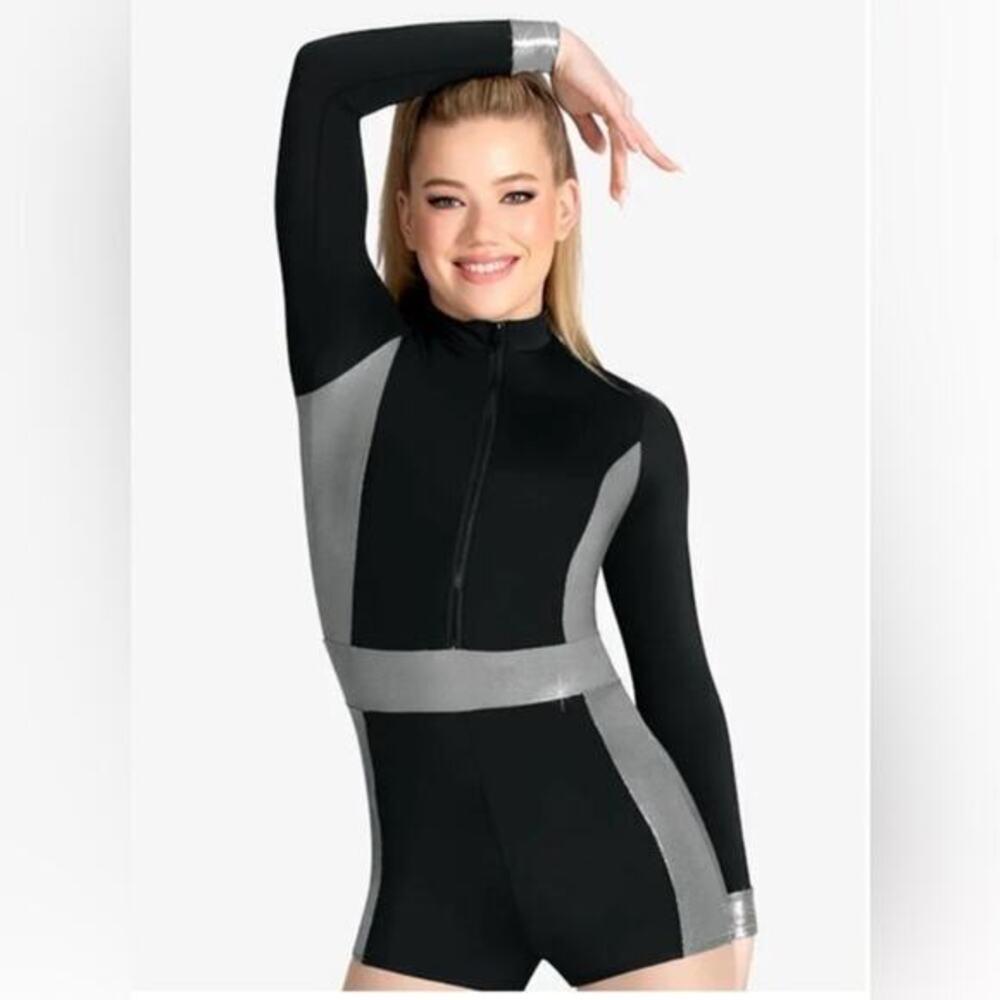 Double Platinum Long Sleeve Metallic Unitard dance costume NWT black/silver CXL